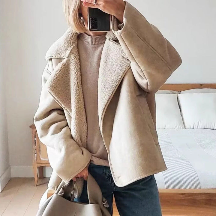 Ladies short jacket in lamb fur look with shawl collar and side patch pockets