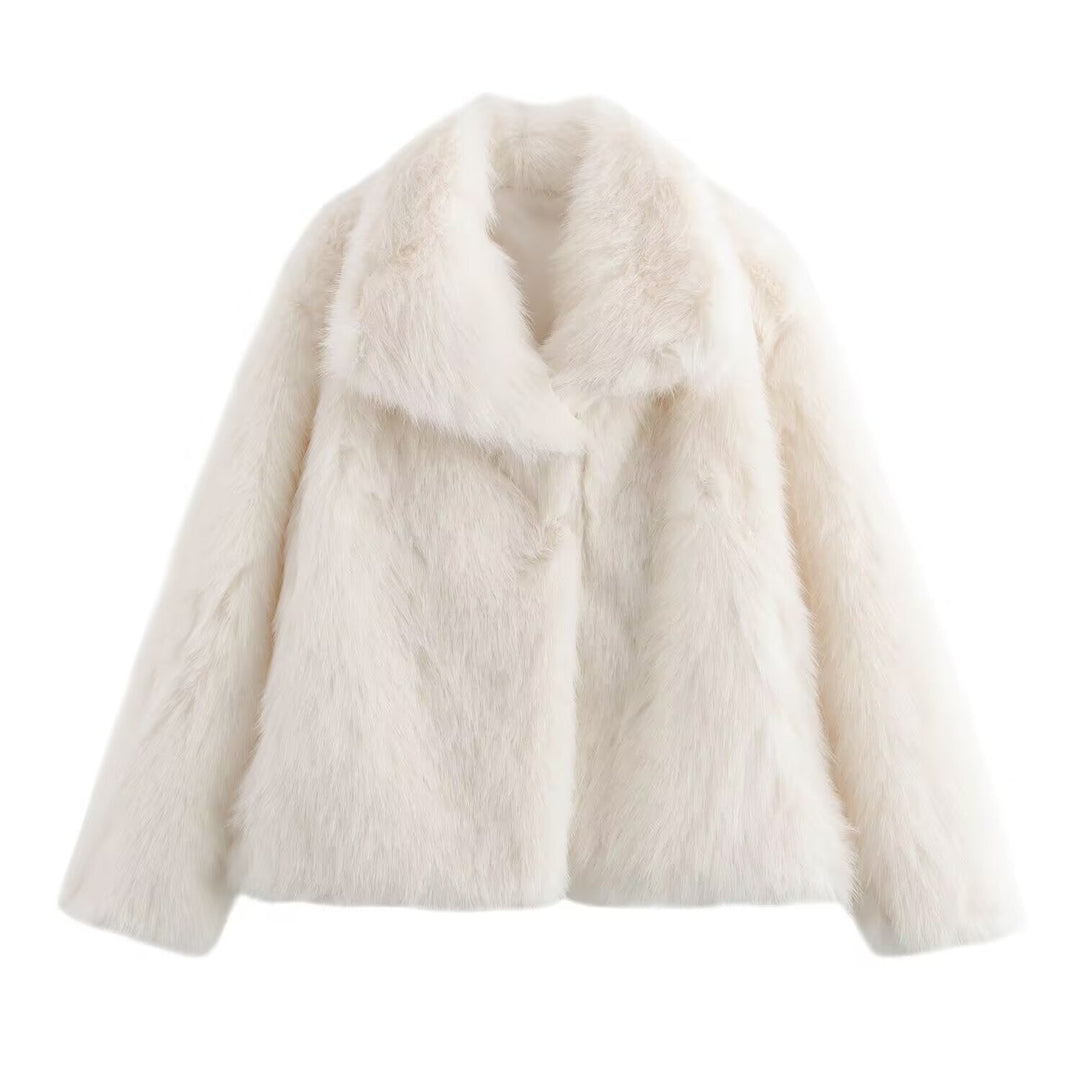 Women short cut boxy faux fur coat with shawl collar