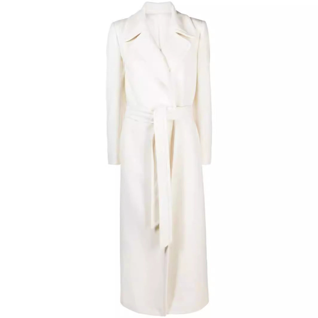 Women’s Maxi-length tailored wool blend coat with belt and wide lapels