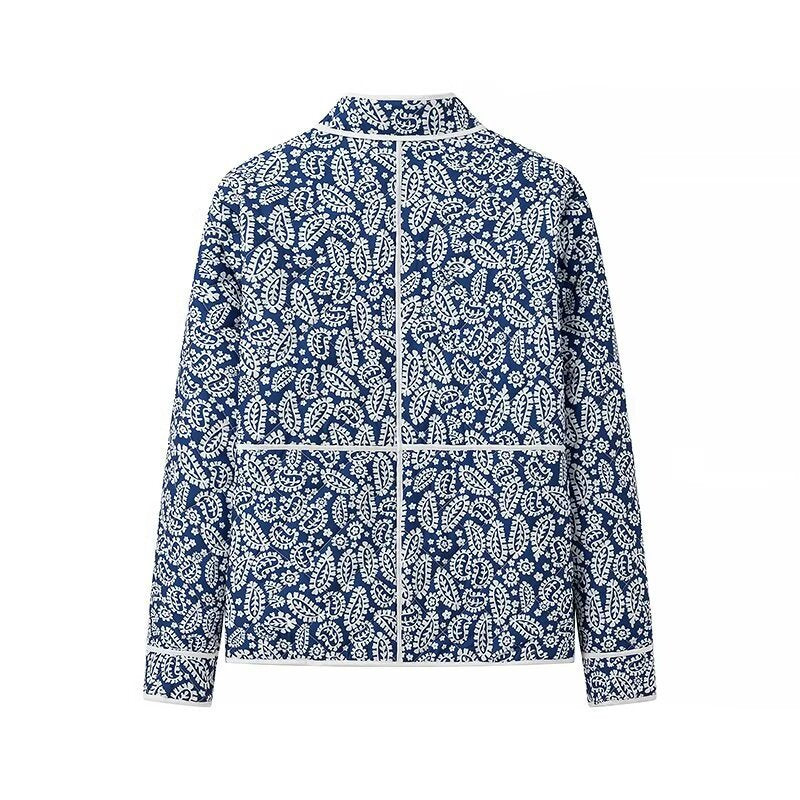 Women quilted transitional jacket withStand-up collar, paisley print and contrasting piping