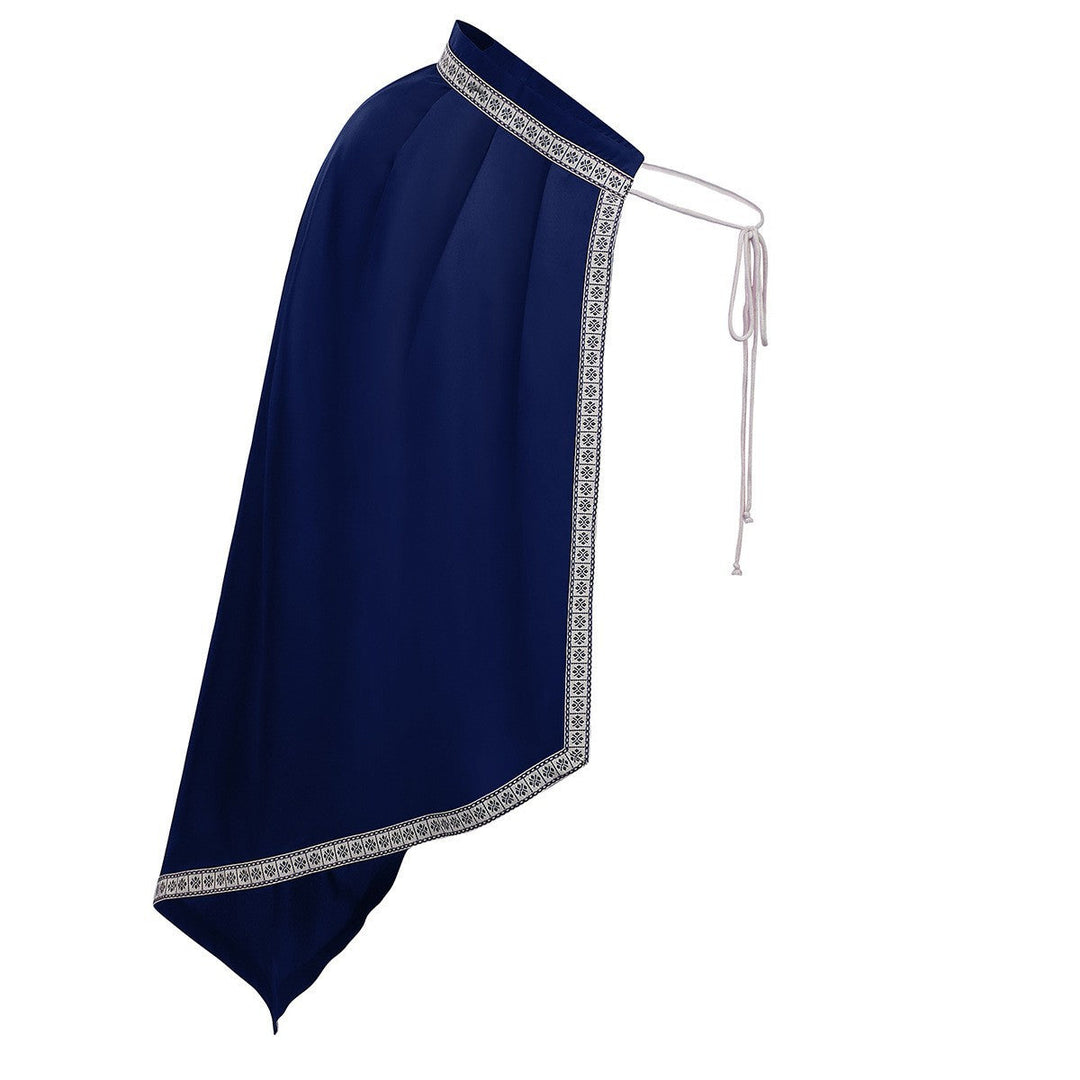 Unisex cape with shoulder plates, laced collar, faux fur trim, adjustable leather straps, and asymmetric train