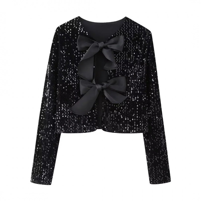 Women Sequin Bolero Jacket with Decorative Satin Bows