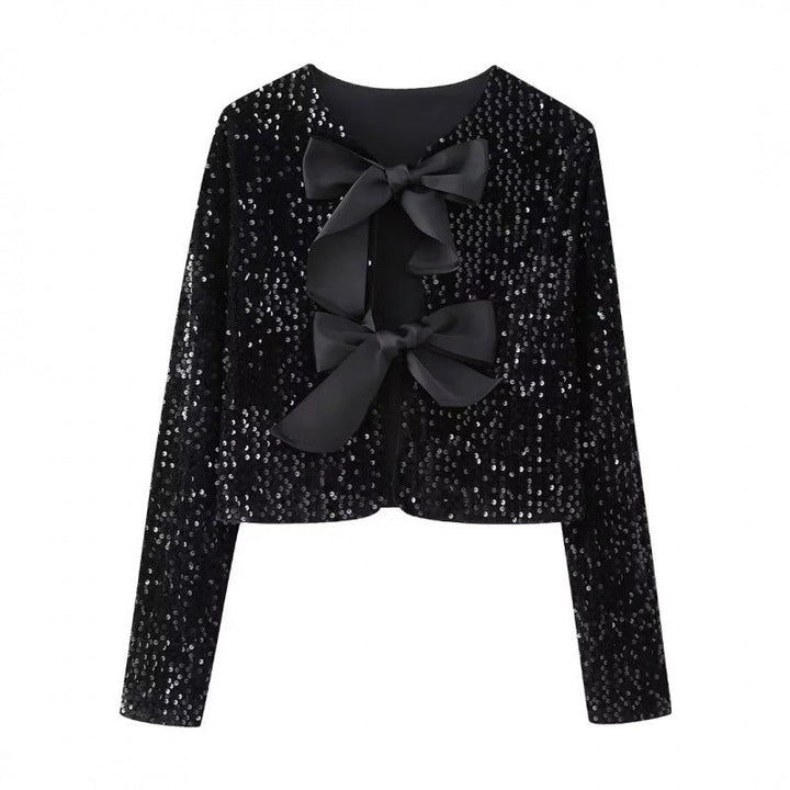 Women Sequin Bolero Jacket with Decorative Satin Bows