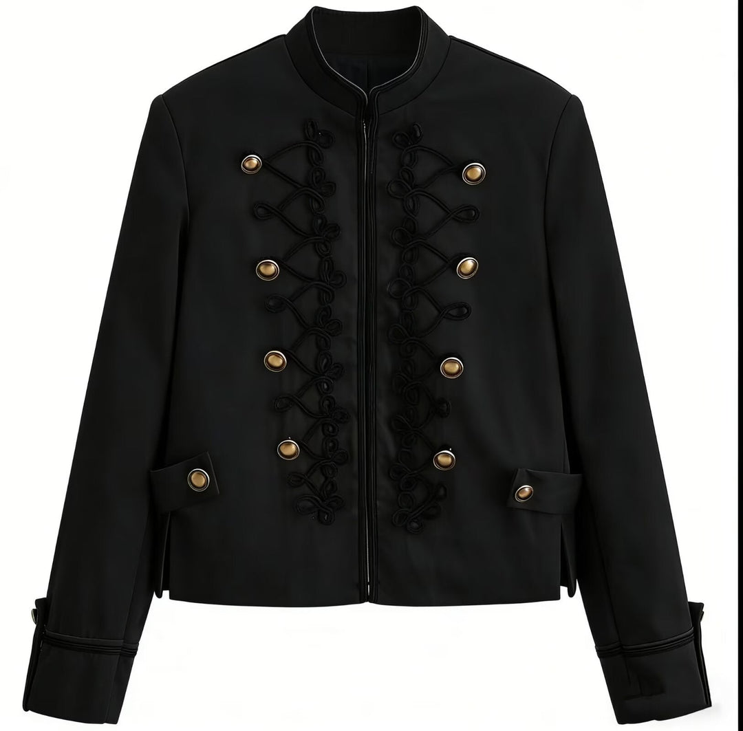 Women’s short military-style jacket with decorative cords and stand-up collar