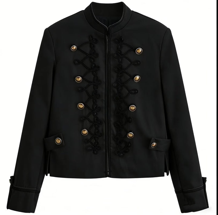 Women’s short military-style jacket with decorative cords and stand-up collar