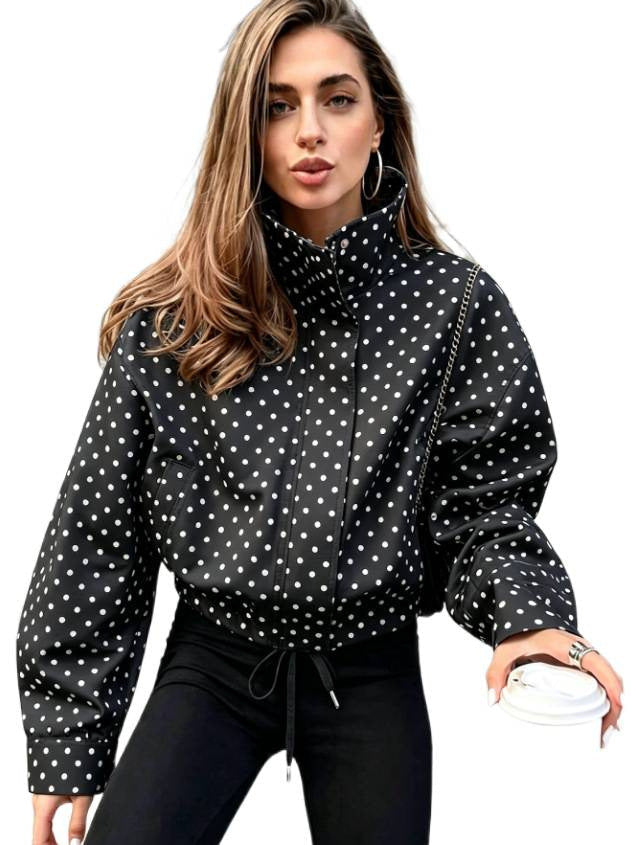 Women Polka Dot Short Transitional Jacket with Stand-up Collar and Drawstring Hood