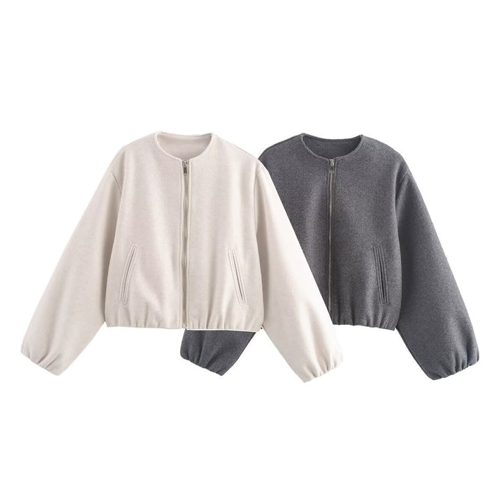 Women Short Wool Look Cropped Jacket with Zip, Round Neck and Balloon Sleeves