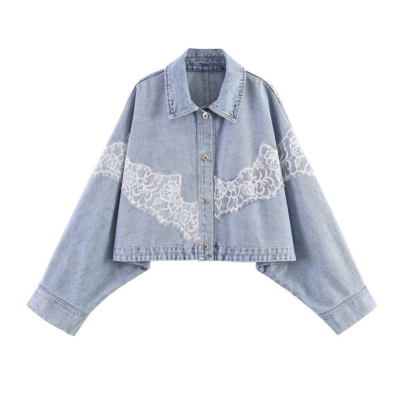 Women cropped denim jacket with lace trim and dropped shoulder