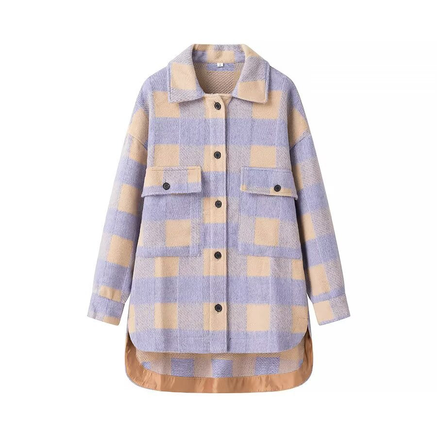 Women Oversize Checked Shirt Jacket with Applied Flap Pockets and Extended Hem