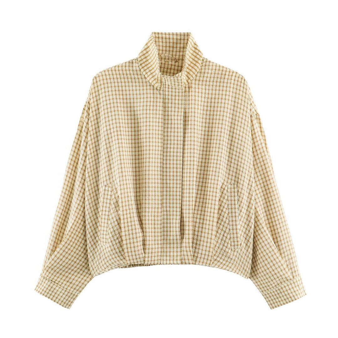 Women Oversize Checkered Blouson Jacket with Stand-up Collar