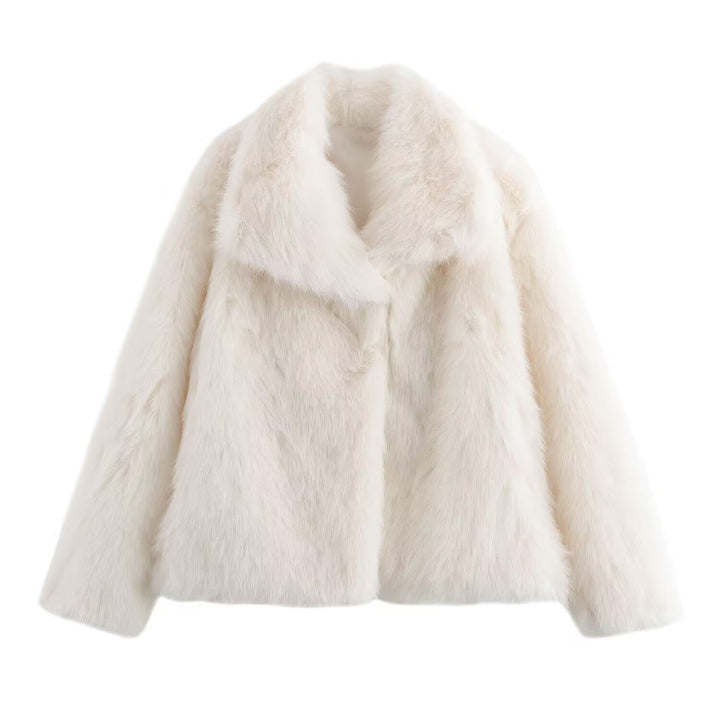 Women short cut boxy faux fur coat with shawl collar