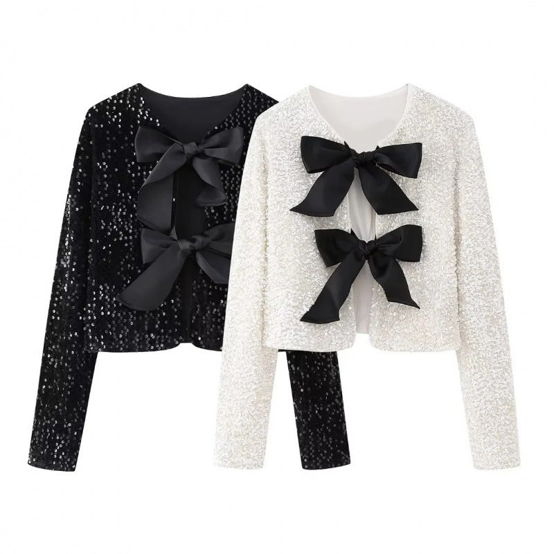 Women Sequin Bolero Jacket with Decorative Satin Bows