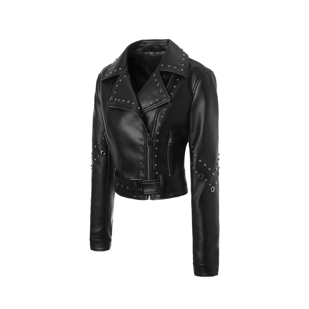 Women Cropped Studded Biker Jacket with Waist Belt
