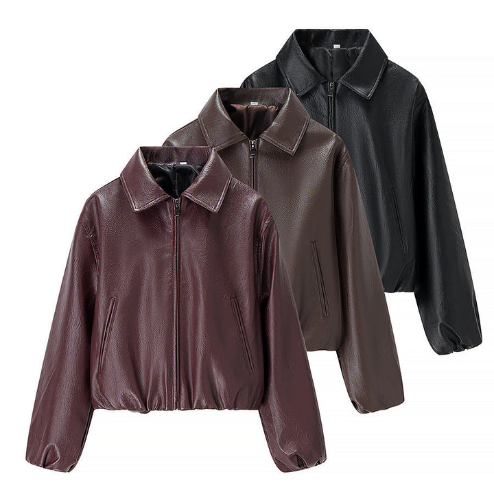 Women short cut leather imitation blouson with zip and elastic hem