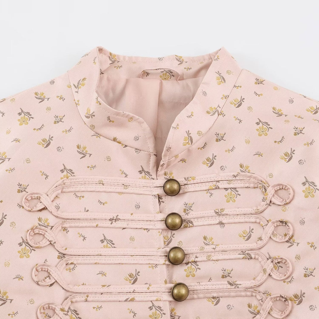 Women Cropped Satin Jacket in Military Style with Decorative Frog Trim