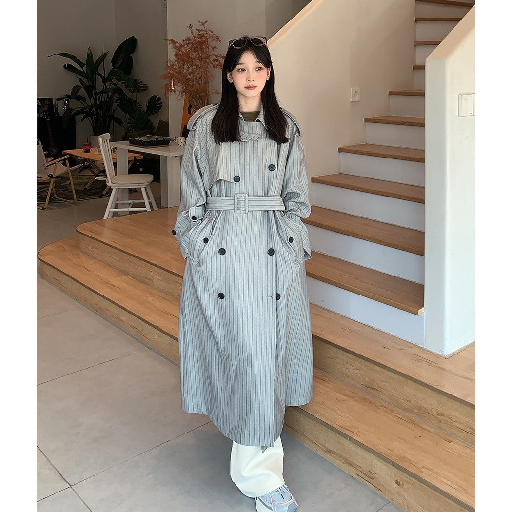 Women’s Long Pinstripe Trench Coat with Tie Belt Shoulder Straps and Flared Hem