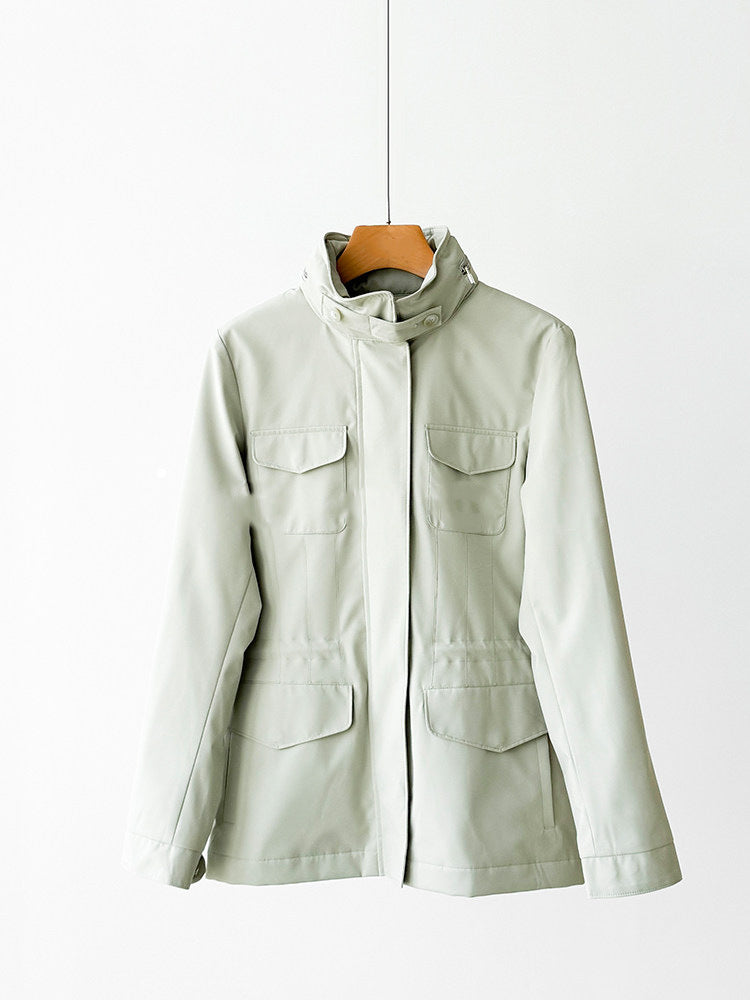 Women modern utility jacket with high collar