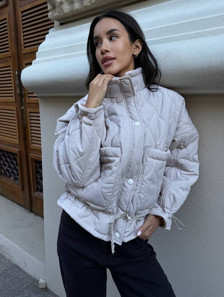 Women Short Cut Quilted Padded Jacket with Stand Collar