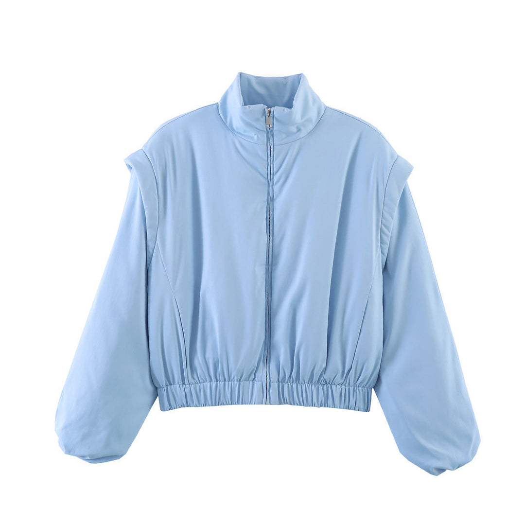 Women Short Cropped Puffer Jacket with Stand-up Collar, Zip, and Elastic Waist