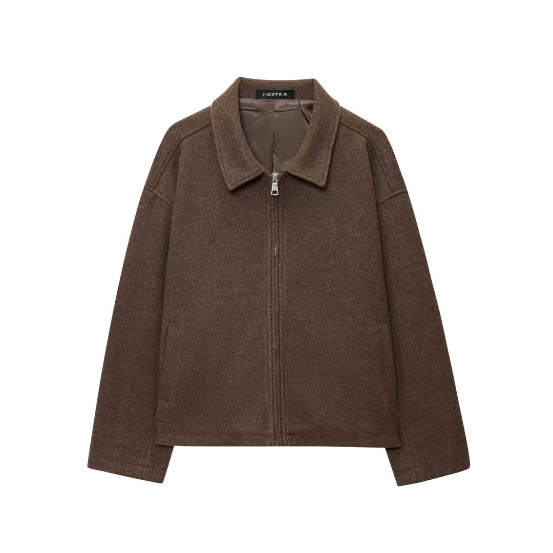 Women Boxy Wool Blend Blouson Jacket with Zip and Shirt Collar