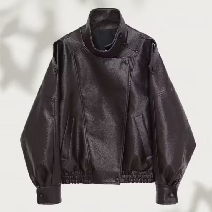 Women Oversized Faux Leather Biker Jacket with Asymmetric Lapel, Stand Collar, and Waist Drawstring