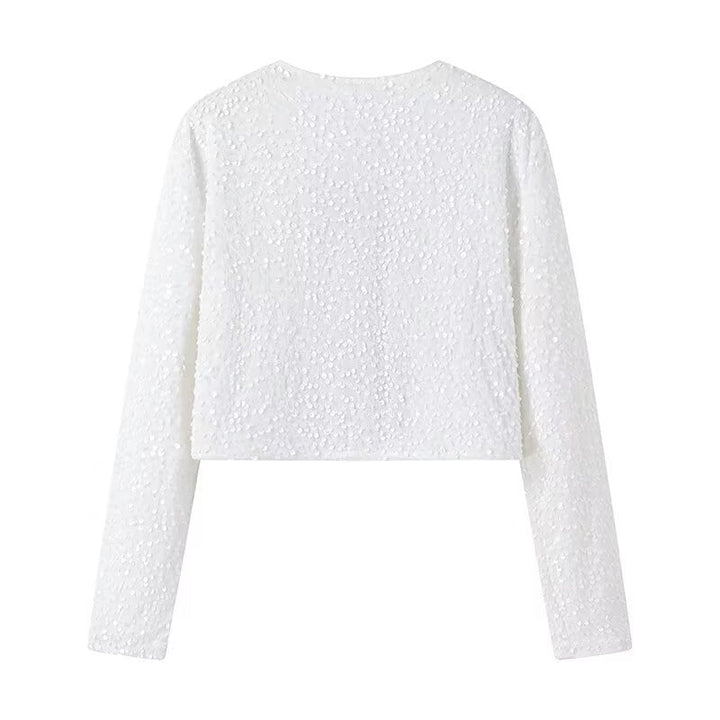 Ladies Short Sequin Jacket with Decorative Bows, Round Neckline and Long Sleeves