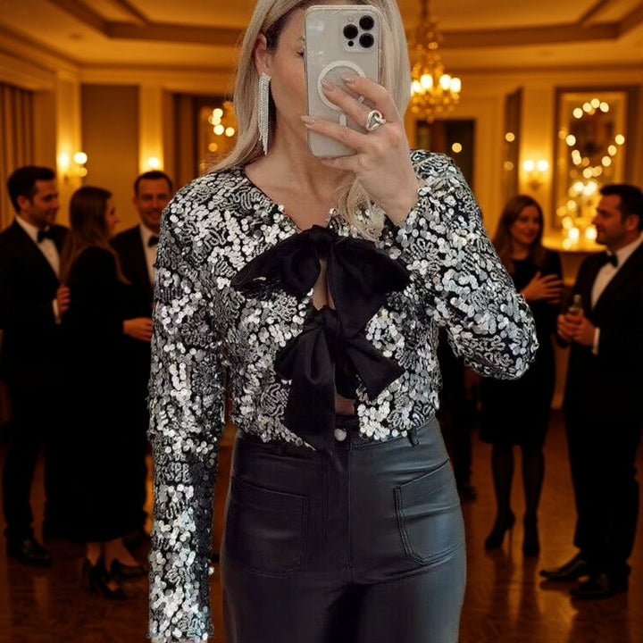 Women’s Short Jacket with Sequin Trim and Decorative Bow Front