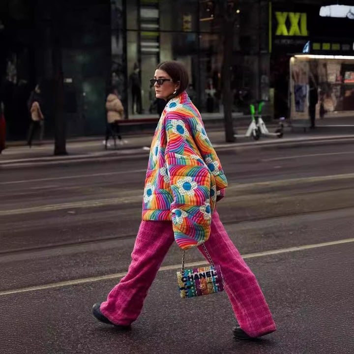 Women Short Oversized Padded Jacket with Colorful Rainbow Stripes and Flower Application