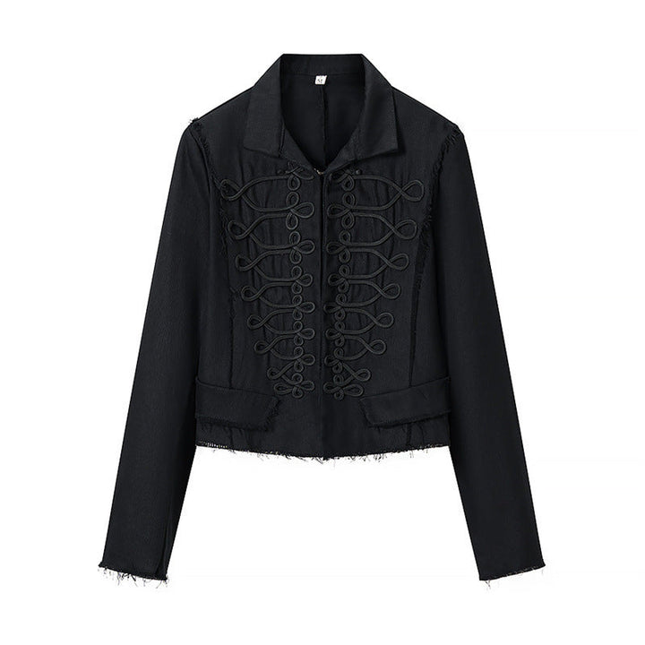 Women Cropped Military Inspired Jacket with Braid Application and Fringed Hem