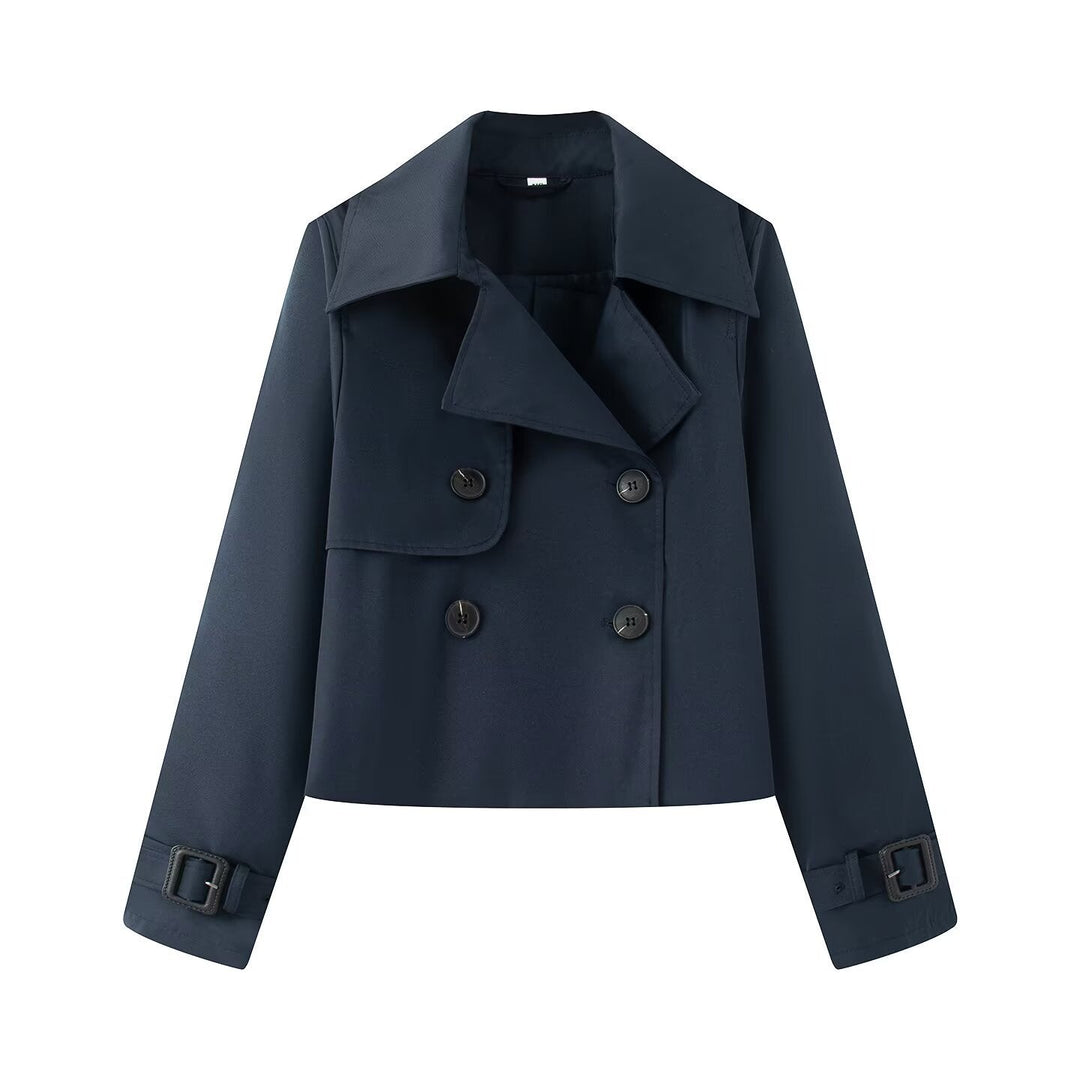 Women Cropped Double-breasted Trench Coat with Wide Lapels and Adjustable Cuffs