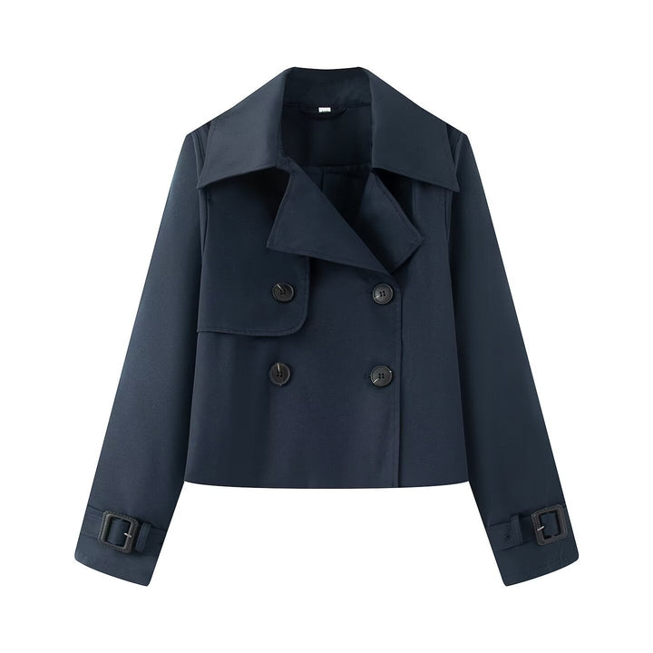 Women Cropped Double-breasted Trench Coat with Wide Lapels and Adjustable Cuffs