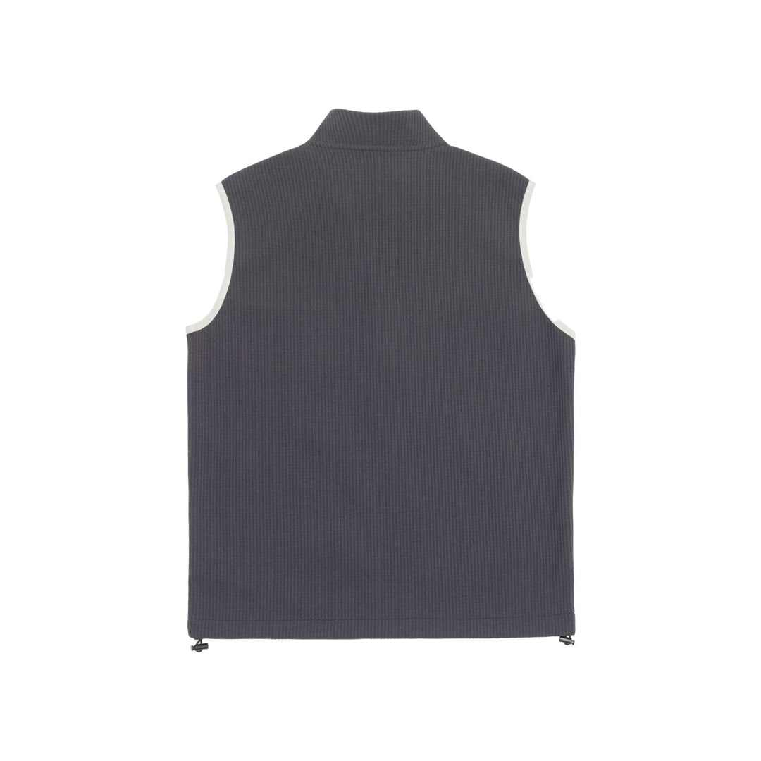Unisex waffle-structured outdoor vest with stand-up collar, full-length zip, and drawstring hem