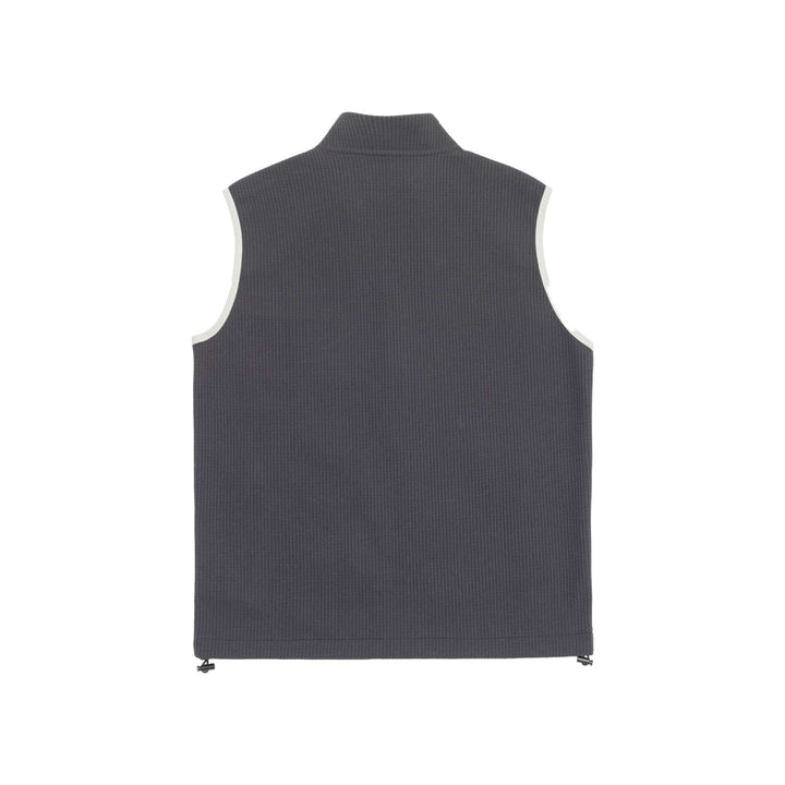 Unisex waffle-structured outdoor vest with stand-up collar, full-length zip, and drawstring hem