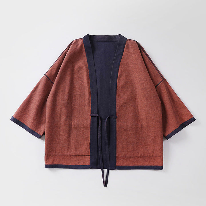 Unisex loose-fitting kimono jacket made of cotton denim with tie and large patch pockets
