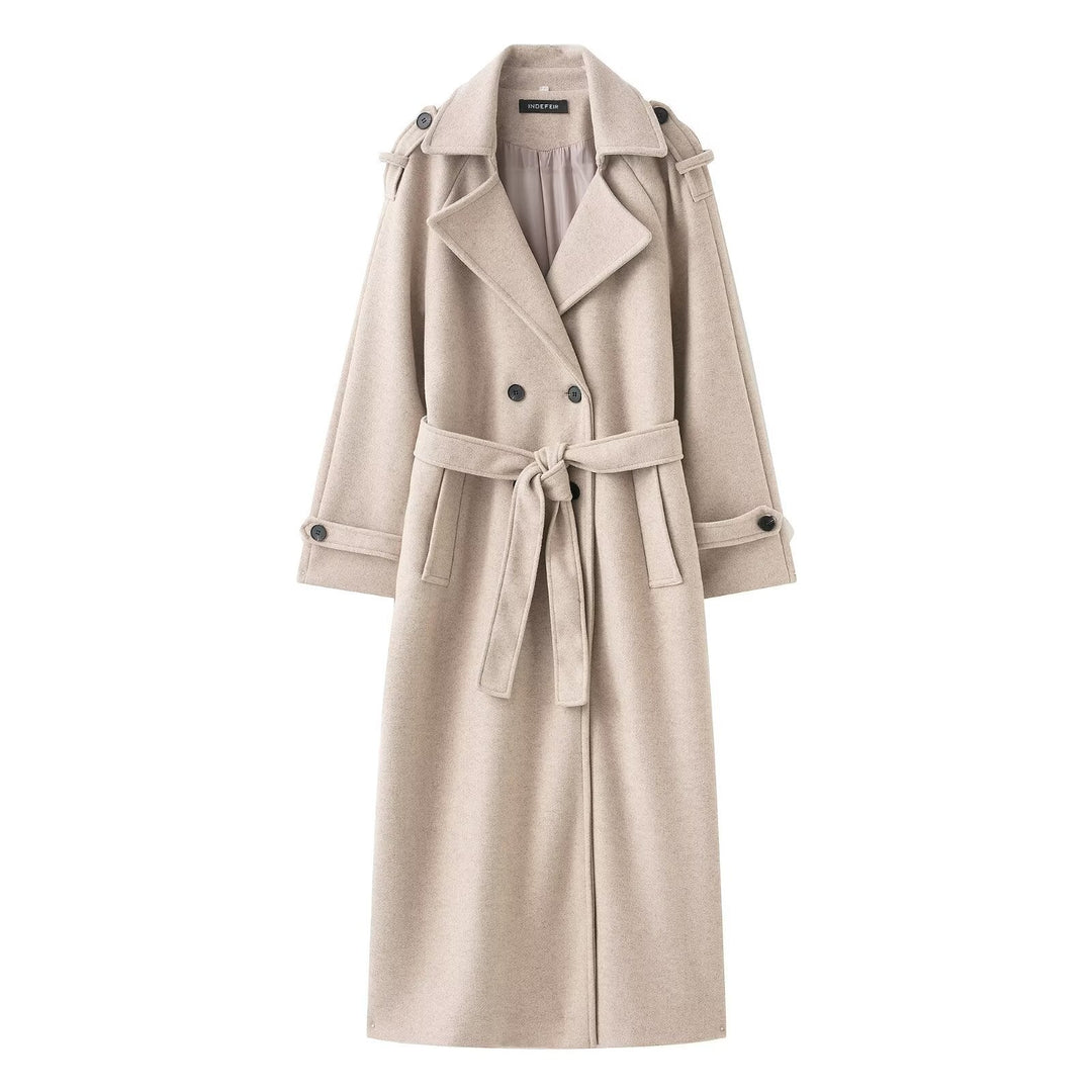 Women Long Double-breasted Trench Coat with Belt and Shoulder Straps