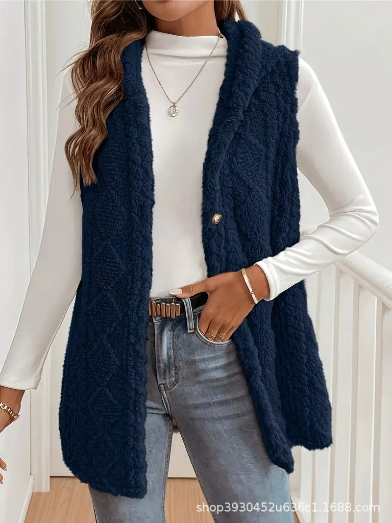 Women Fleece Lined Teddy Vest with Hood and Button Closure