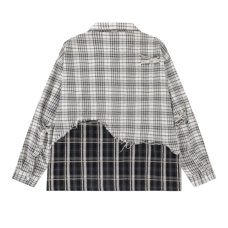 Unisex Oversized Shirt Jacket with Layered Look, Frayed Hem and Check Mix