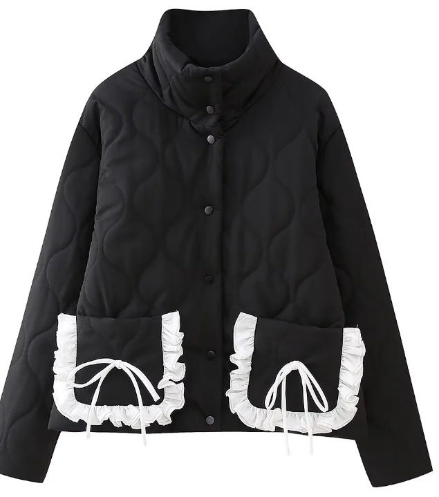 Women’s quilted jacket with stand-up collar and contrasting ruffled pockets