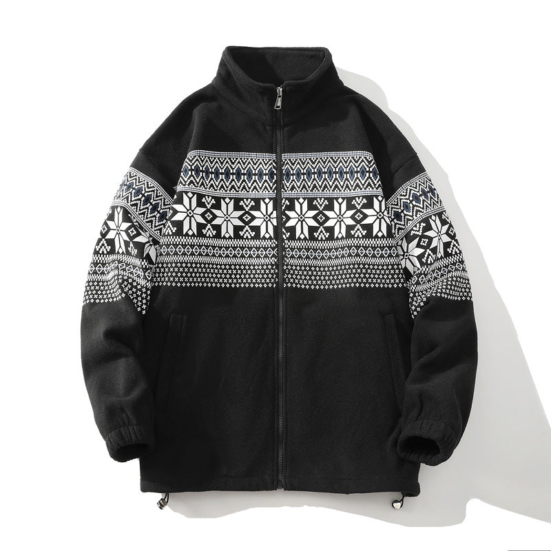 Unisex Norwegian pattern fleece jacket with stand-up collar, all-round zip and drawstring