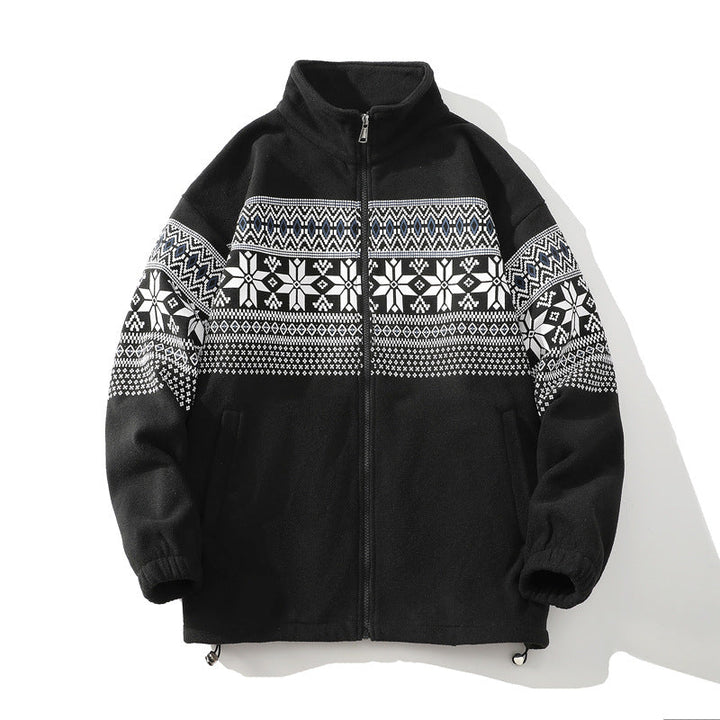 Unisex Norwegian pattern fleece jacket with stand-up collar, all-round zip and drawstring