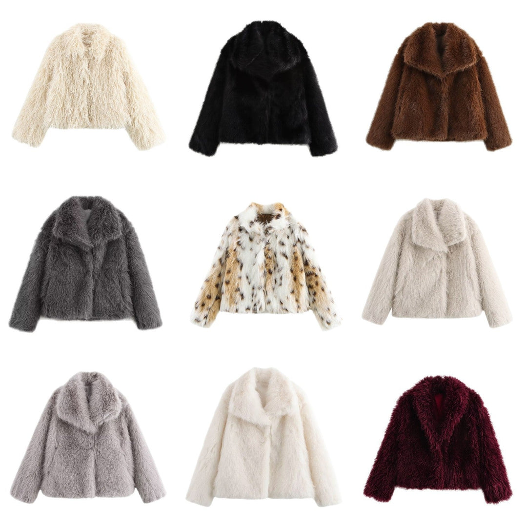 Women short cut boxy faux fur coat with shawl collar