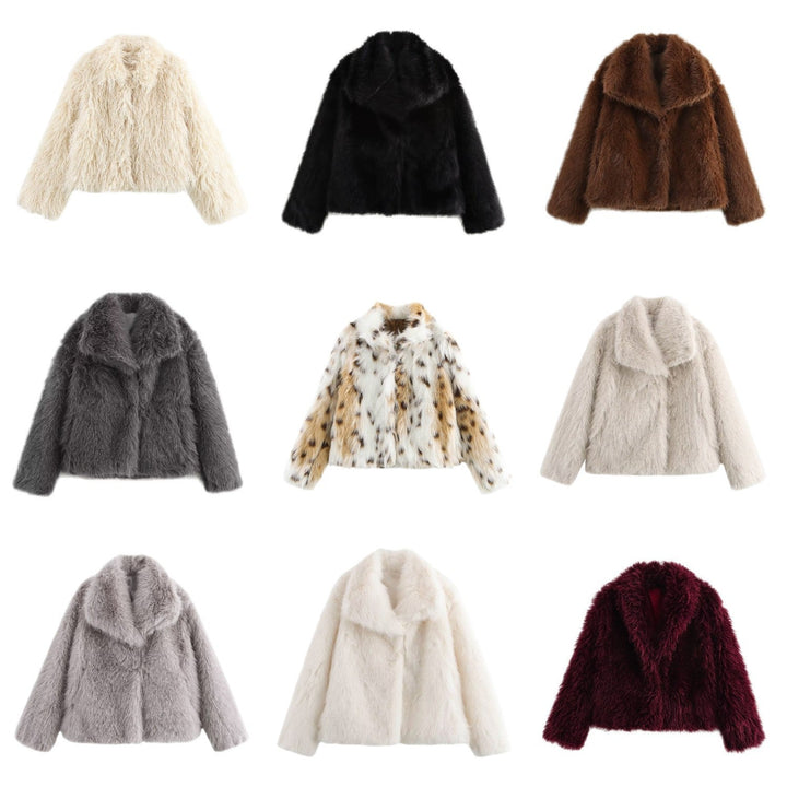 Women short cut boxy faux fur coat with shawl collar