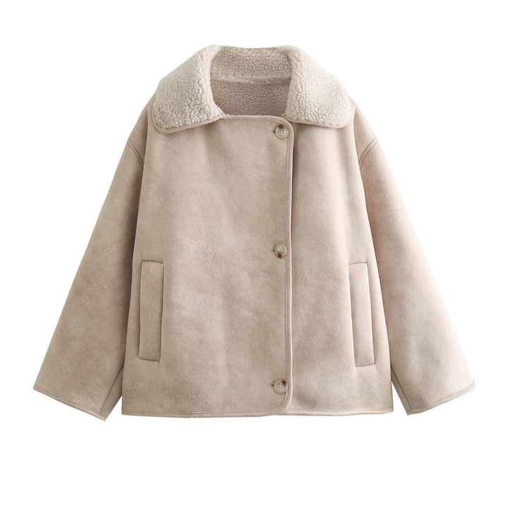 Ladies short jacket in lamb fur look with shawl collar and side patch pockets