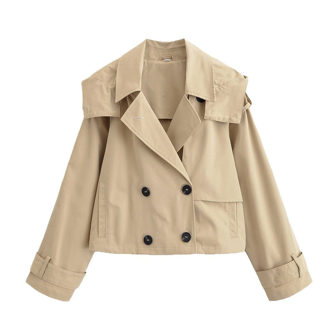 Women short jacket in trench coat style with double-breasted button placket and adjustable cuffs