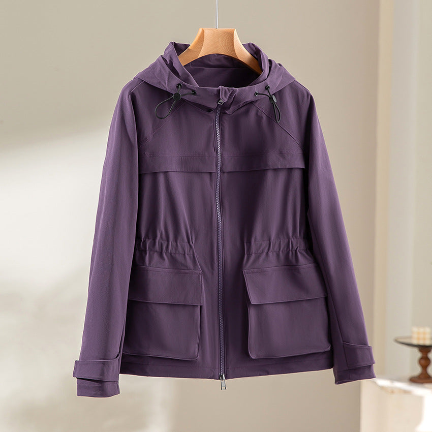 Women Lightweight Functional Utility Jacket with Hood, Drawstring Waist and Patch Flap Pockets