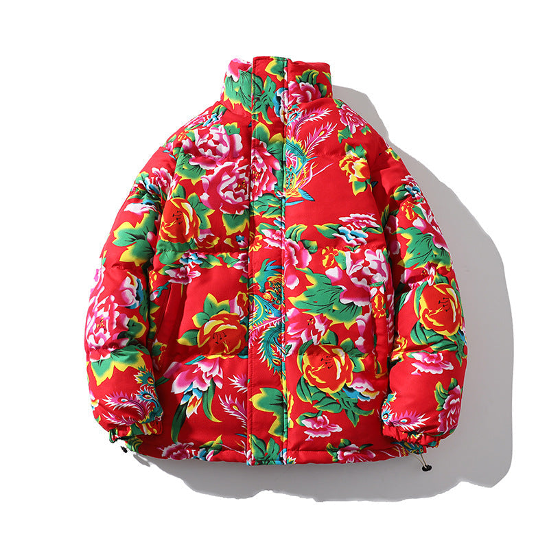 Women’s Padded Quilted Puffer Jacket with Large Floral Print and Stand Collar