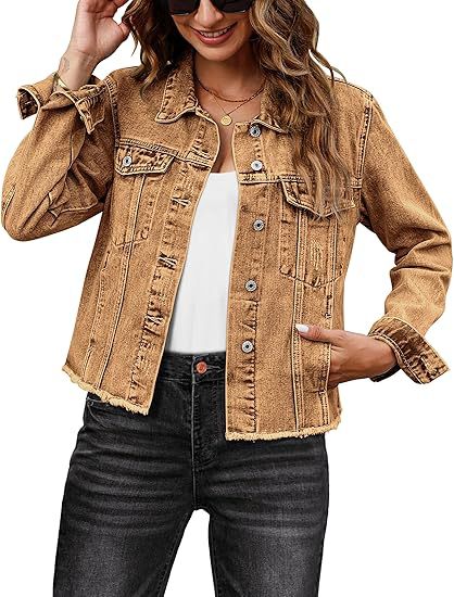 Women Short Cut Denim Jacket with Frayed Hem and Chest Pockets