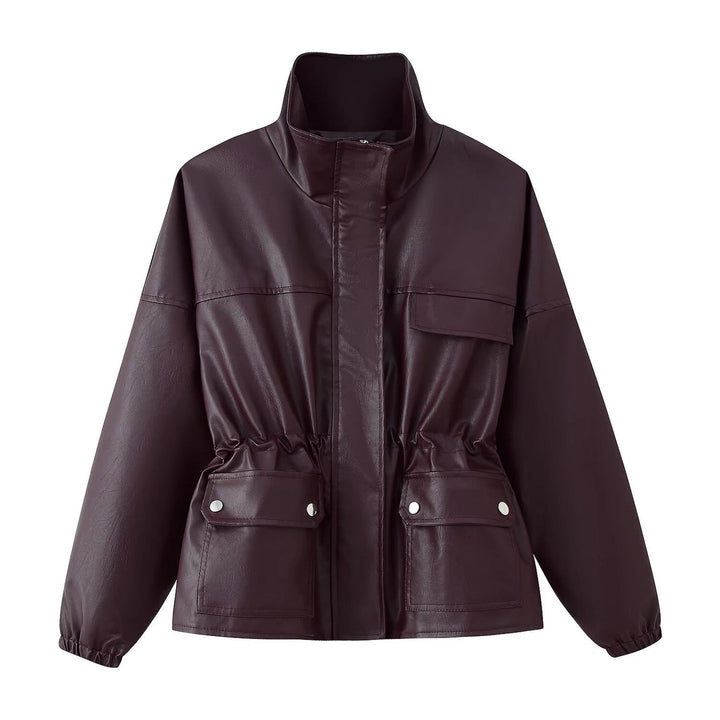 Women Faux Leather Parka with Stand Collar, Waist Drawstring, and Placket Pockets