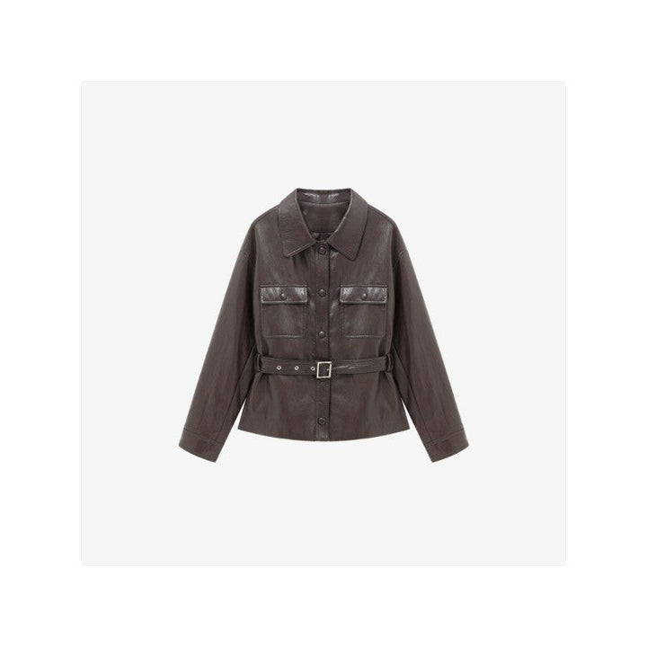 Women’s leather jacket in oversized utility style with waist belt