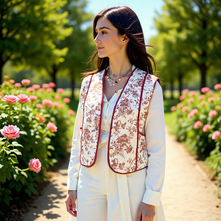 Ladies Quilted Gilet in Country House Style with Floral Toile Look and Pockets